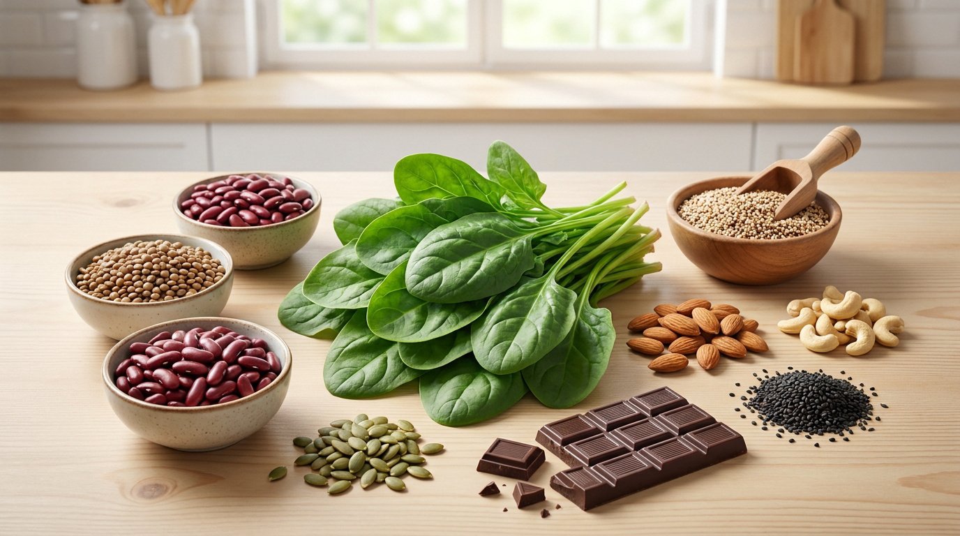Une table en bois avec des épinards frais, des légumineuses, des noix, des graines et du chocolat noir.