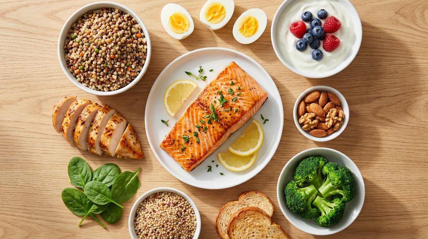 Vue de dessus d'une variété d'aliments riches en protéines : saumon, poulet, œufs, yaourt, noix, quinoa et légumes.