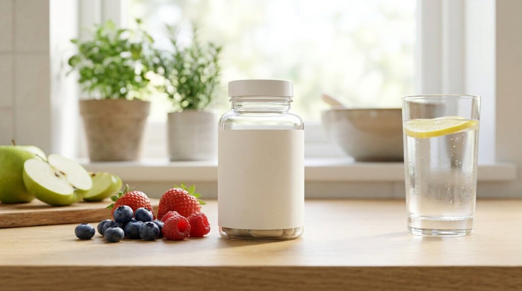 Flacon de complément alimentaire avec étiquette vierge entouré de fruits frais et d'un verre d'eau sur une table.