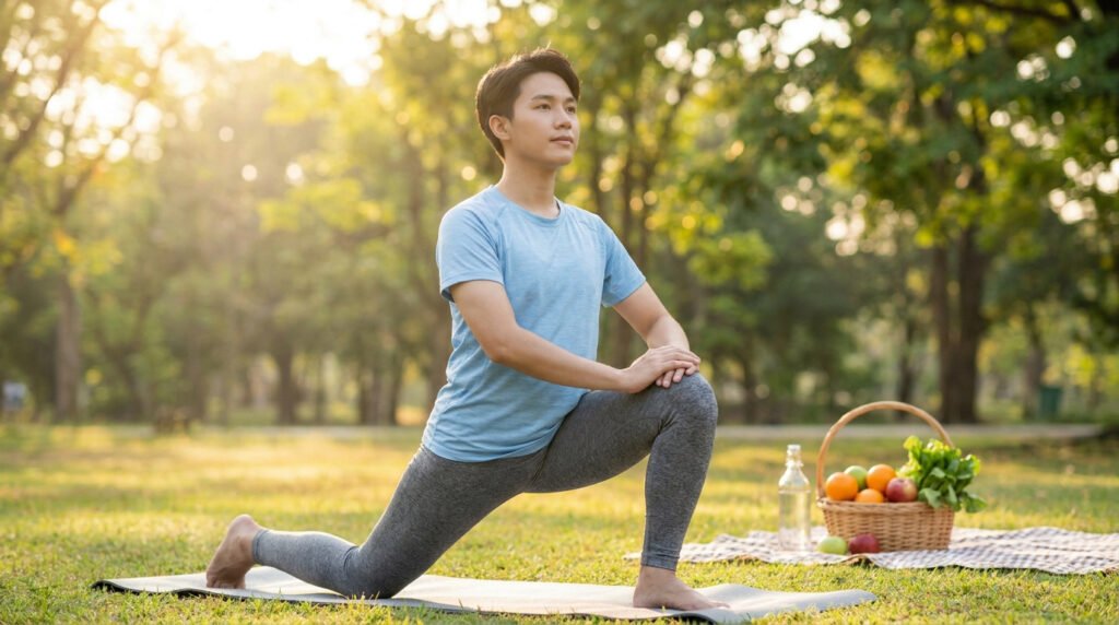 Un jeune homme en tenue de sport fait des fentes sur un tapis de yoga dans un parc, avec un panier de fruits à côté.