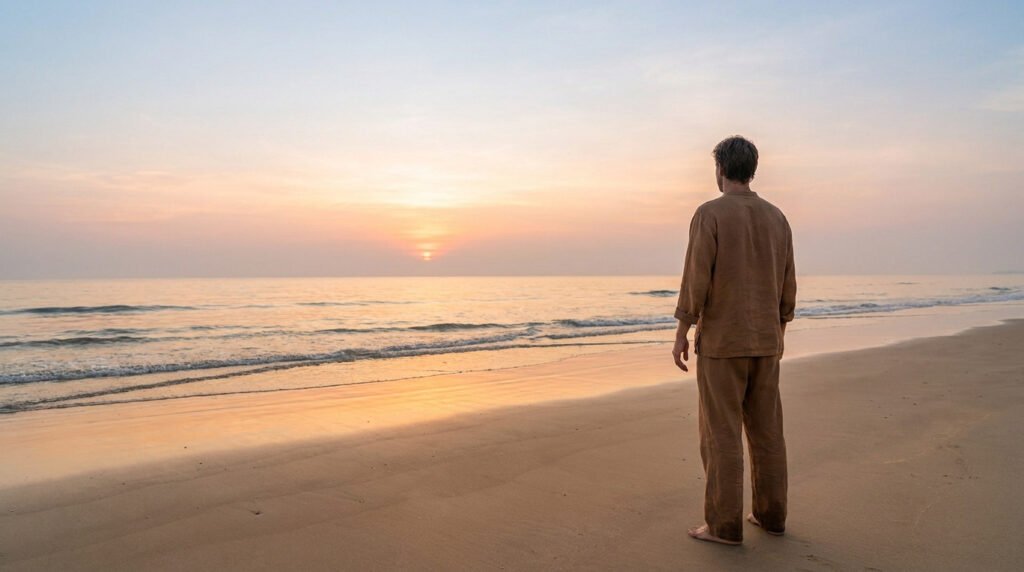 Un homme vêtu de lin debout sur une plage calme au coucher du soleil, regardant l'océan.