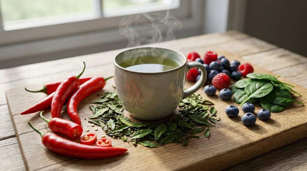 Tasse de thé fumante entourée de piments rouges, myrtilles et épinards frais sur une planche en bois.