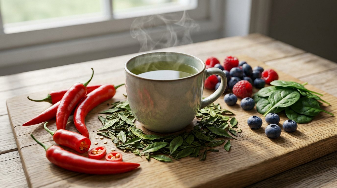 Tasse de thé fumante entourée de piments rouges, myrtilles et épinards frais sur une planche en bois.