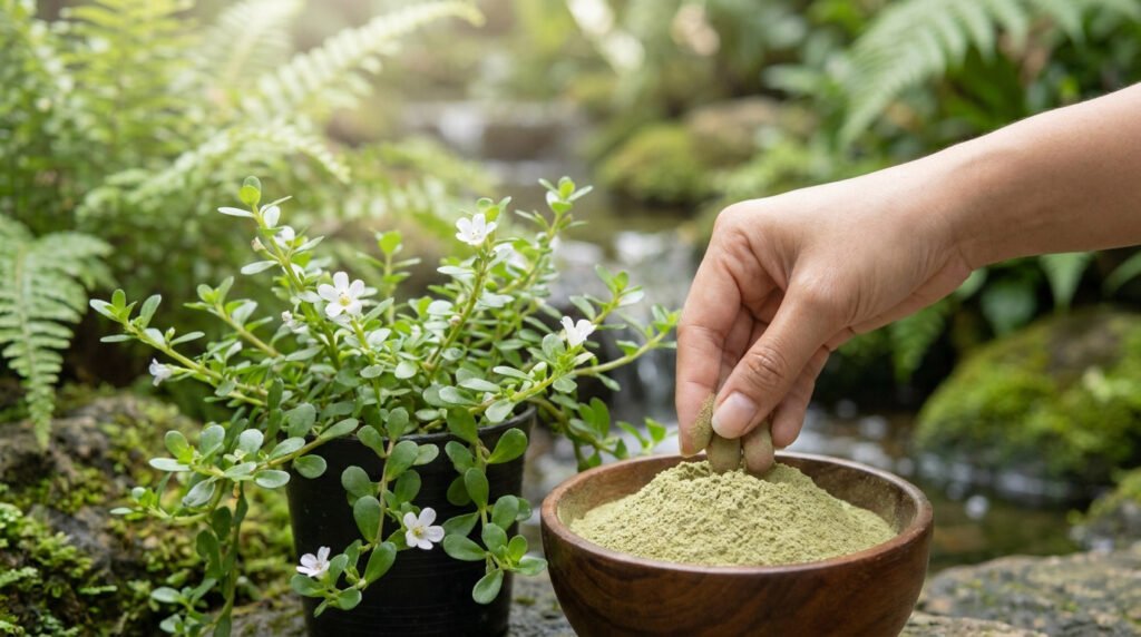 Une main prend une pincée de poudre verte dans un bol en bois à côté d'une plante de Brahmi en fleurs.
