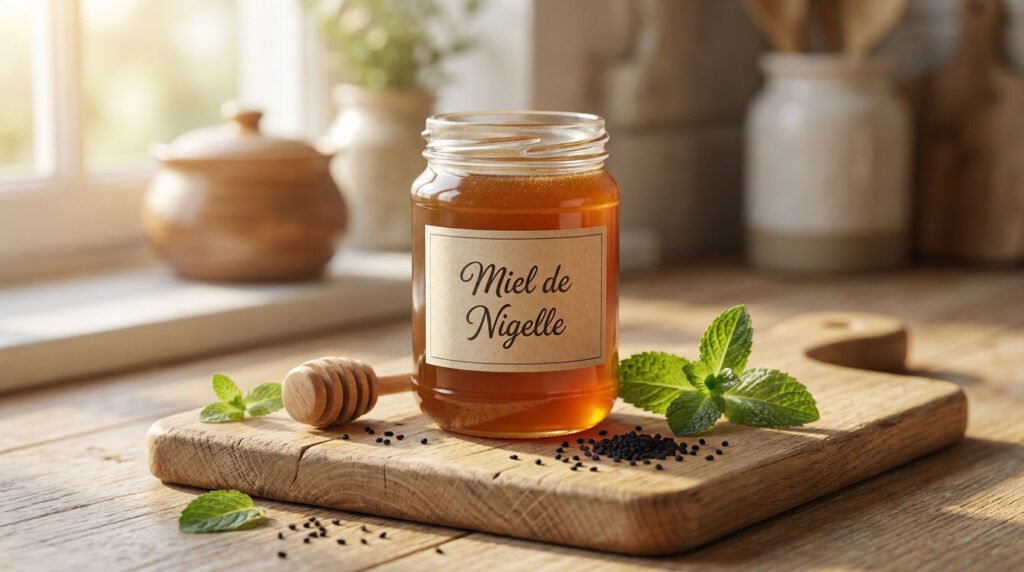Un pot de miel de nigelle sur une planche en bois, accompagné d'une cuillère à miel, de graines et de feuilles de menthe.