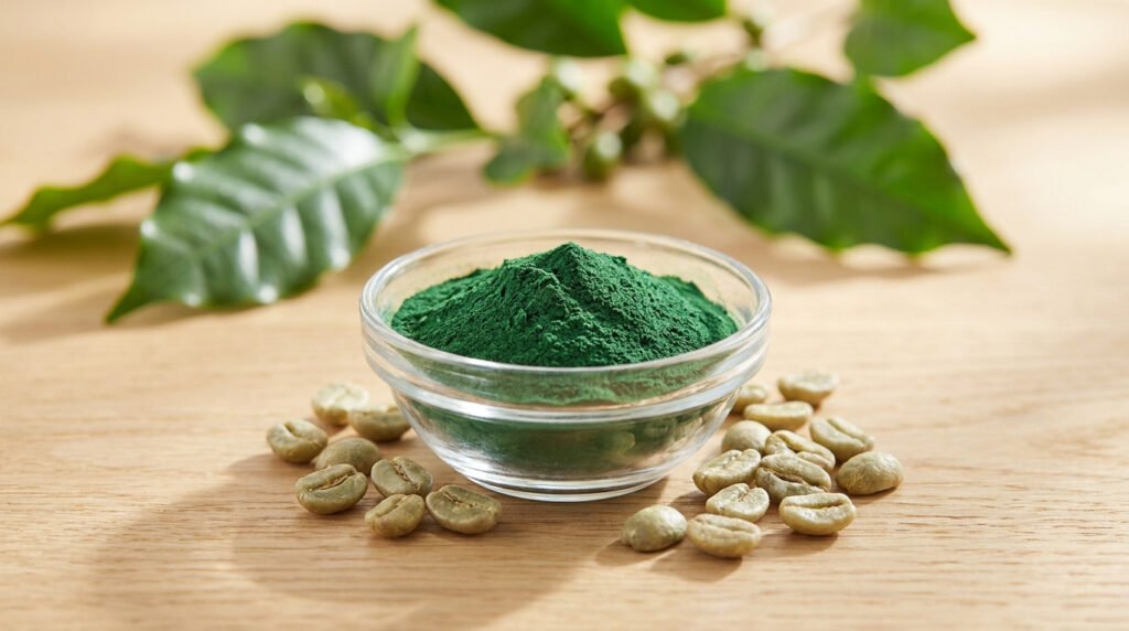 Bol en verre contenant une poudre verte entouré de grains de café vert sur une table en bois avec des feuilles en arrière.